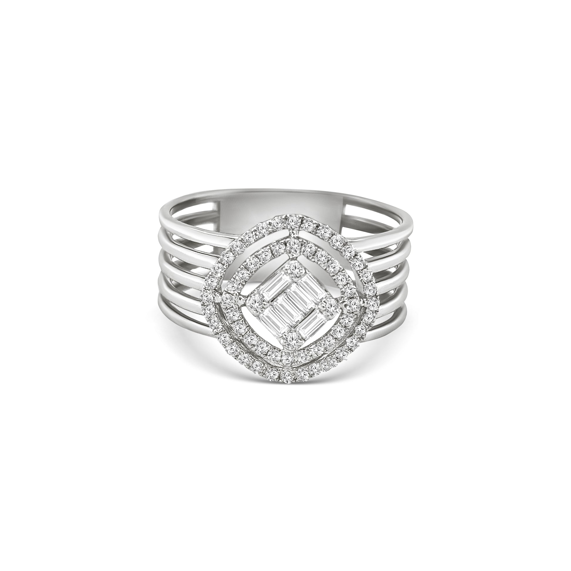 illusion diamond dress ring, baguette and round brilliant ring, double halo diamond ring, geometric diamond ring, wide band diamond ring, statement cocktail ring, multi-row diamond ring