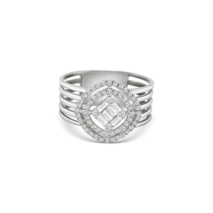 illusion diamond dress ring, baguette and round brilliant ring, double halo diamond ring, geometric diamond ring, wide band diamond ring, statement cocktail ring, multi-row diamond ring