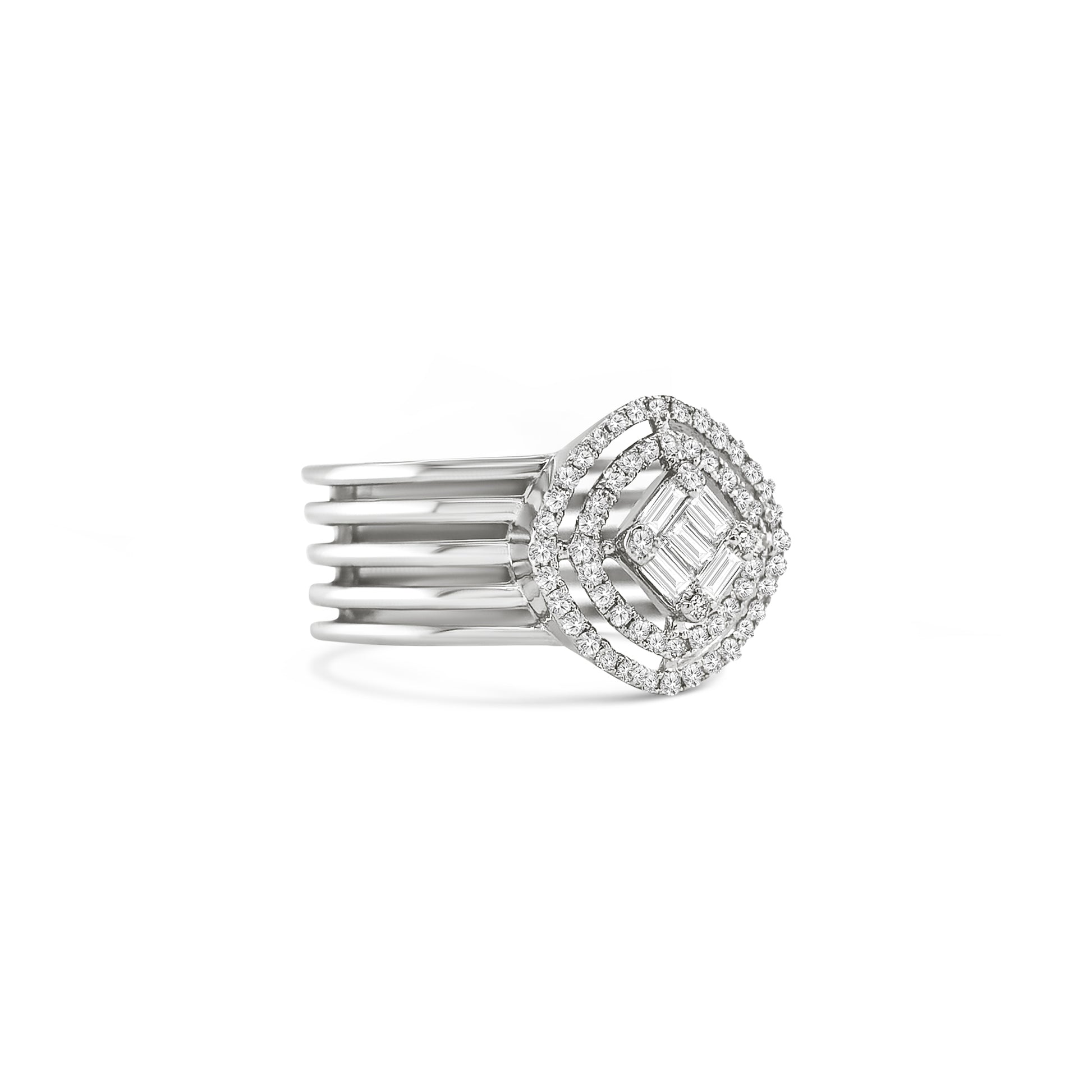illusion diamond dress ring, baguette and round brilliant ring, double halo diamond ring, geometric diamond ring, wide band diamond ring, statement cocktail ring, multi-row diamond ring