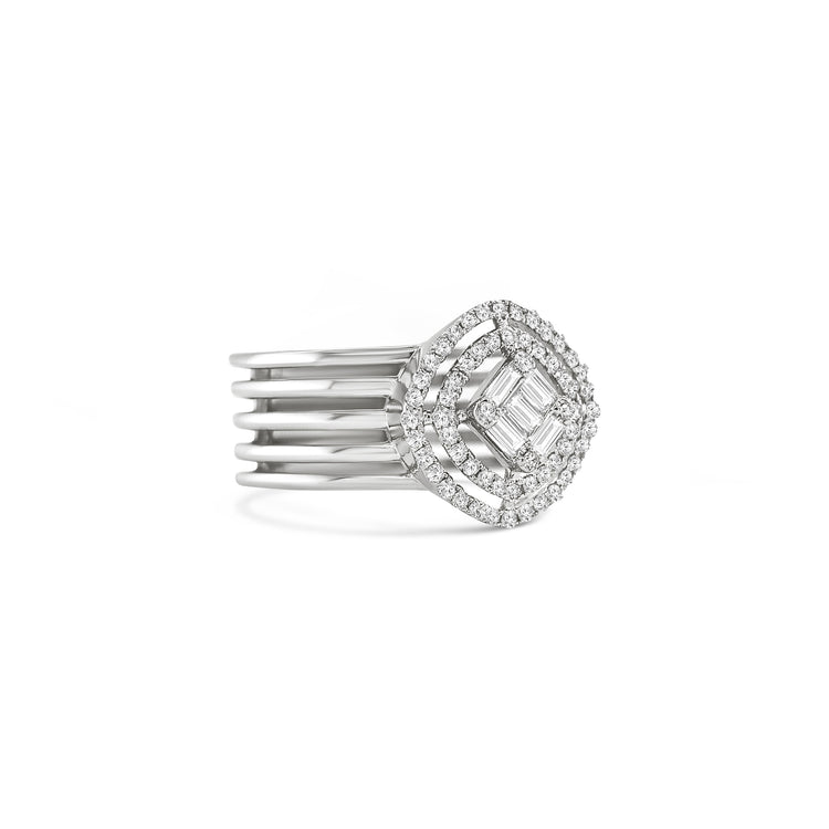 illusion diamond dress ring, baguette and round brilliant ring, double halo diamond ring, geometric diamond ring, wide band diamond ring, statement cocktail ring, multi-row diamond ring
