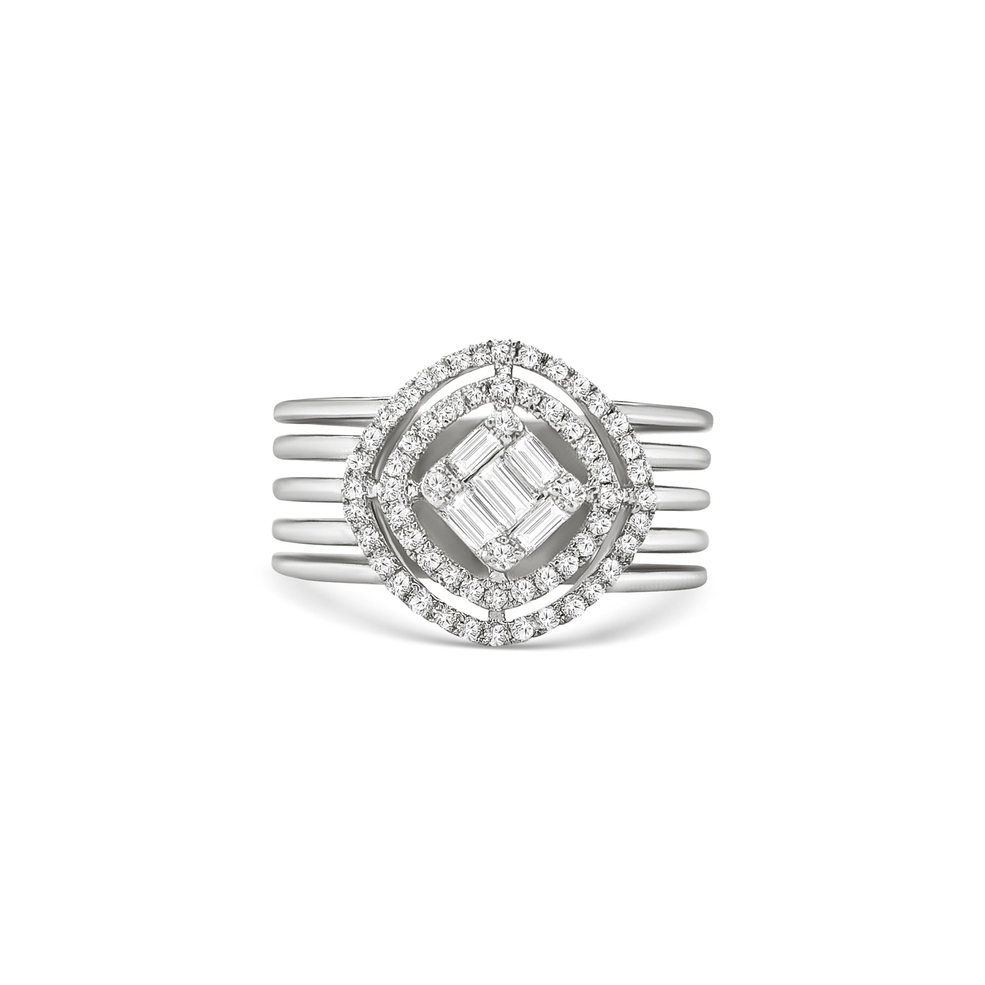 illusion diamond dress ring, baguette and round brilliant ring, double halo diamond ring, geometric diamond ring, wide band diamond ring, statement cocktail ring, multi-row diamond ring