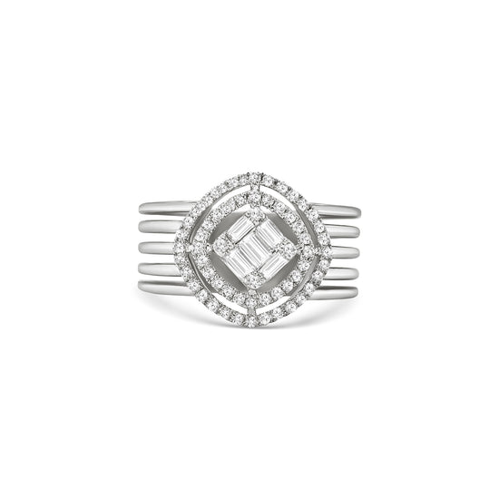 illusion diamond dress ring, baguette and round brilliant ring, double halo diamond ring, geometric diamond ring, wide band diamond ring, statement cocktail ring, multi-row diamond ring