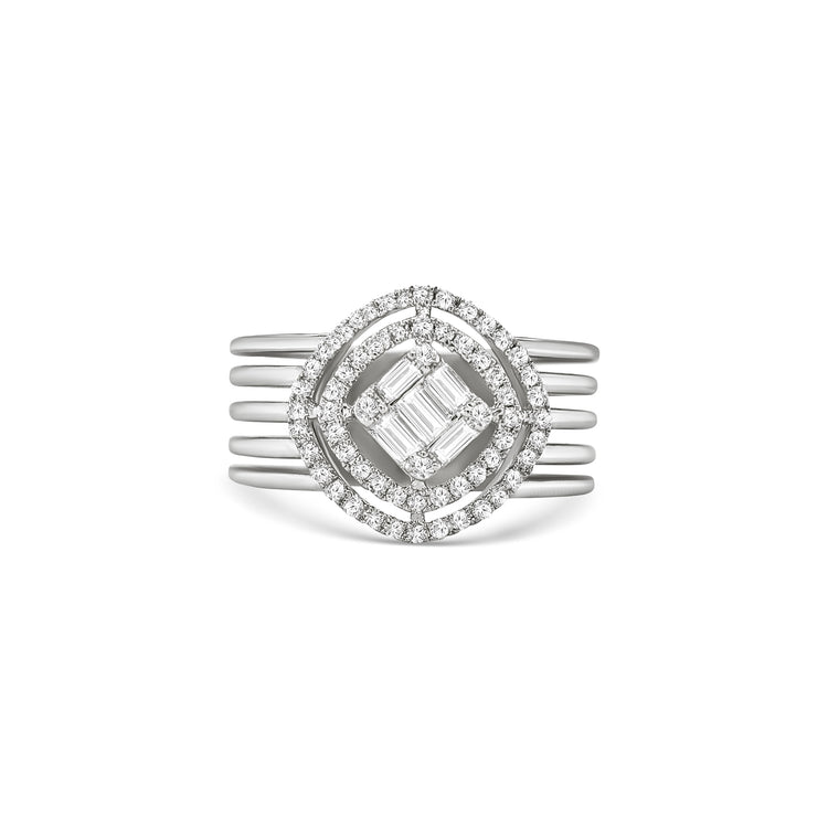 illusion diamond dress ring, baguette and round brilliant ring, double halo diamond ring, geometric diamond ring, wide band diamond ring, statement cocktail ring, multi-row diamond ring