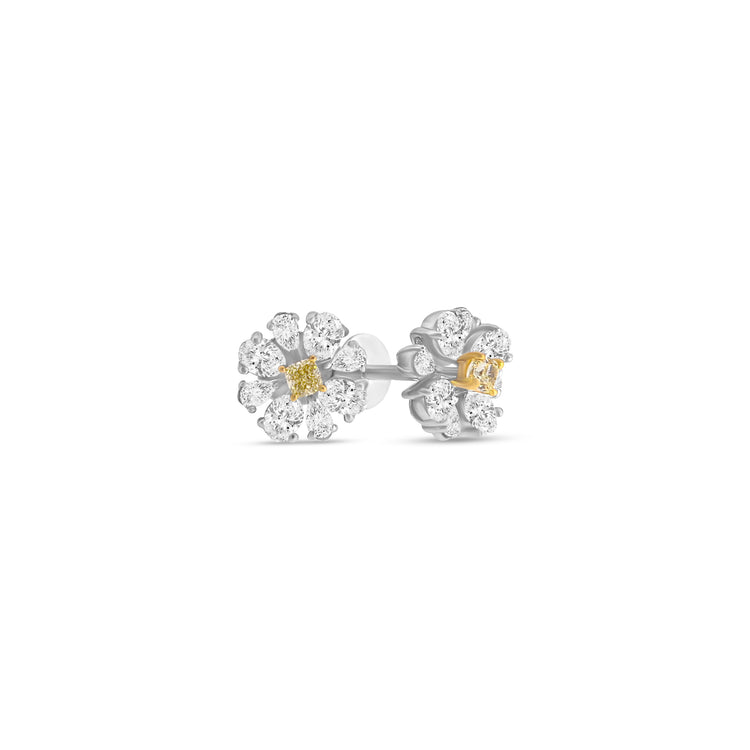 Fancy Yellow Cushion Cut Diamond Flower Cluster Stud Earrings