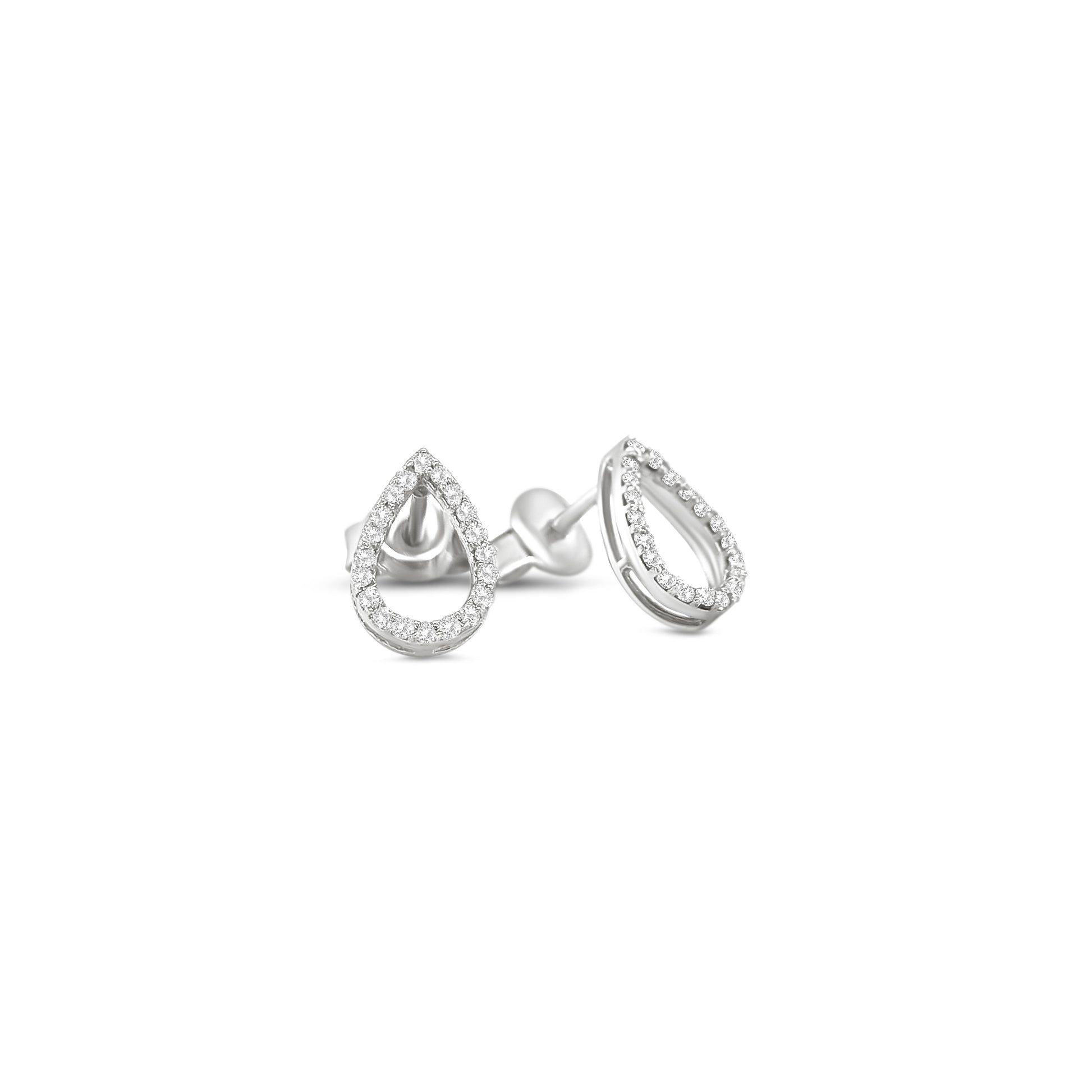 Elegant tear drop halo diamond stud earrings in white gold with sparkling round accent diamonds.