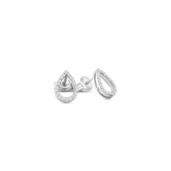 Elegant tear drop halo diamond stud earrings in white gold with sparkling round accent diamonds.