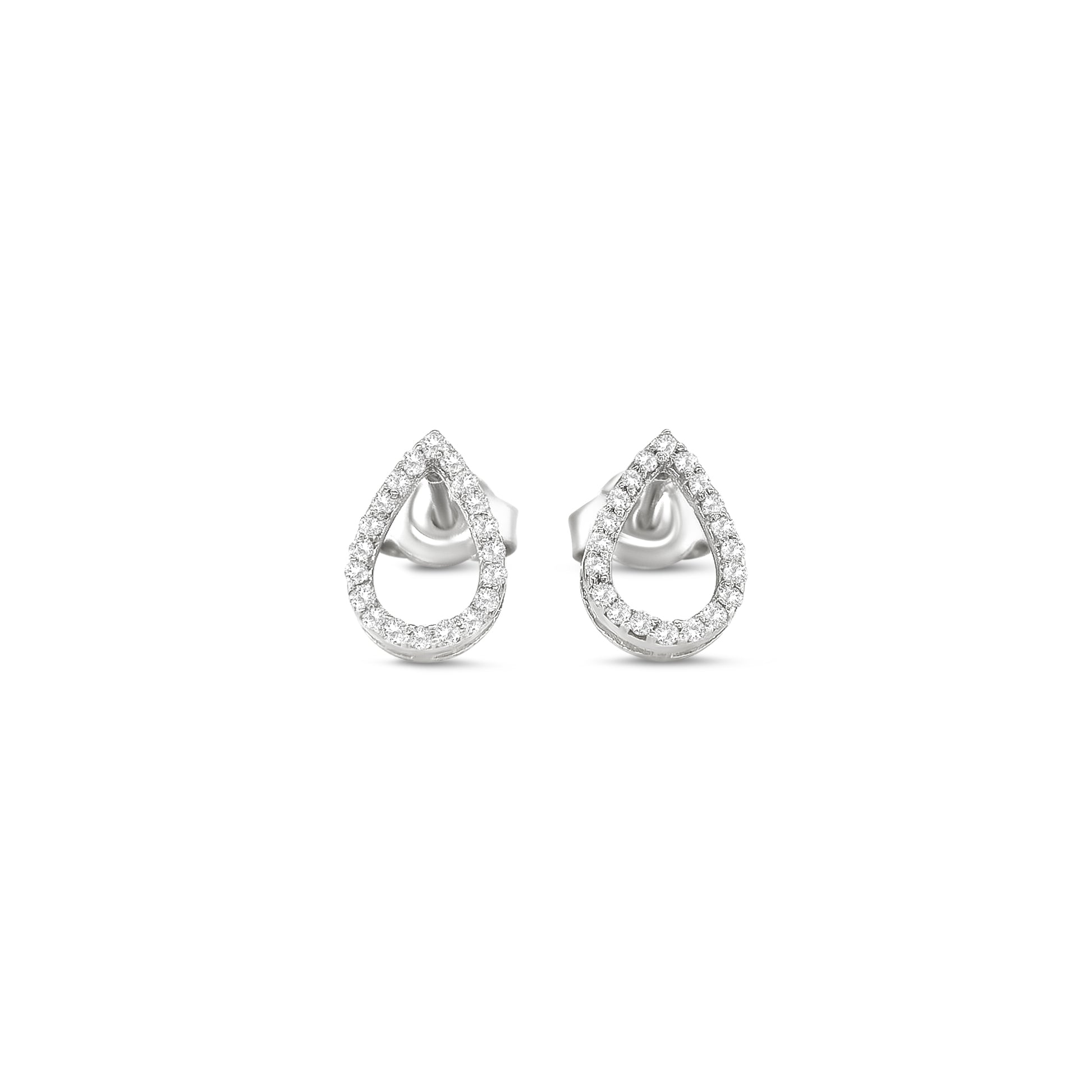 Elegant tear drop halo diamond stud earrings in white gold with sparkling round accent diamonds.