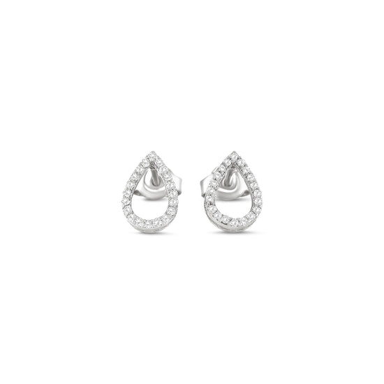 Elegant tear drop halo diamond stud earrings in white gold with sparkling round accent diamonds.