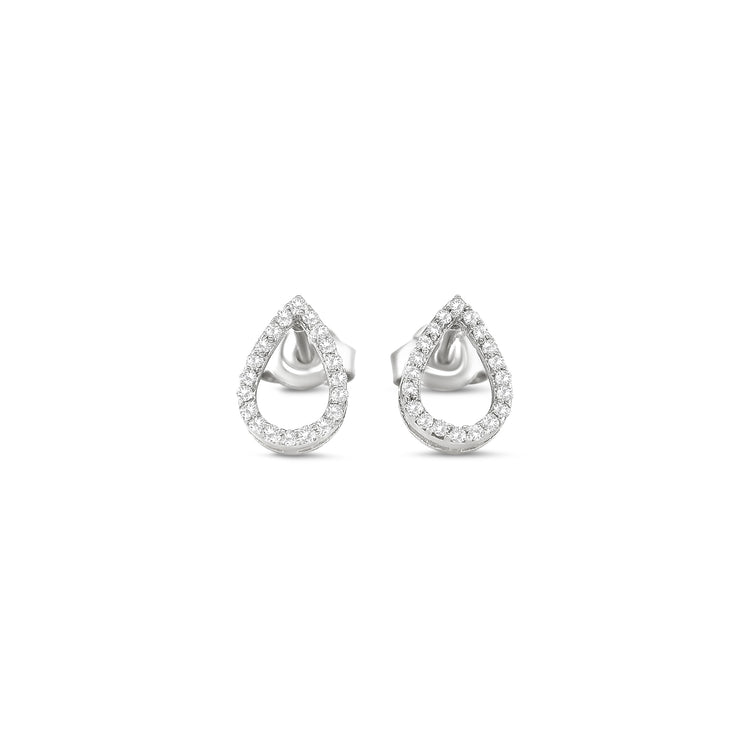 Elegant tear drop halo diamond stud earrings in white gold with sparkling round accent diamonds.