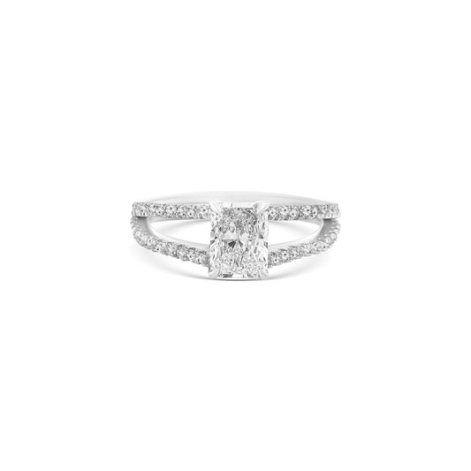 Split Shank Radiant Cut Diamond Ring showcases a mesmerizing center diamond, perfectly complemented by a delicate split shank band. Crafted for brilliance and elegance, this design symbolizes the beauty of commitment and forever.