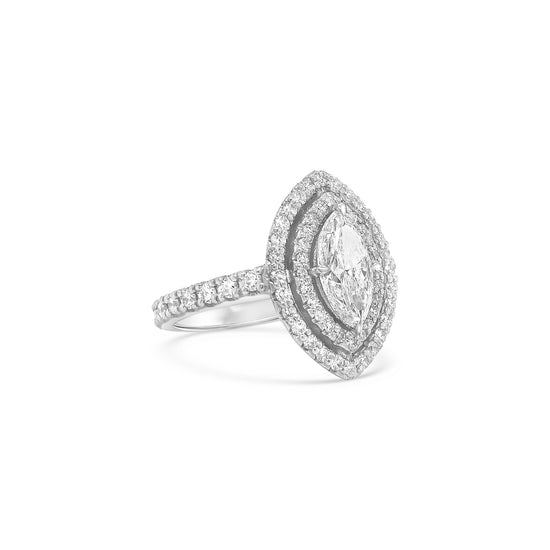 Marquise and round brilliant cut diamond ring with double halo setting, Double halo engagement ring featuring marquise and round brilliant diamonds, Elegant marquise and round diamond ring with sparkling double halo design, Double halo diamond ring showcasing marquise center stone and round accents, Luxury diamond ring with marquise cut center and round brilliant double halo.