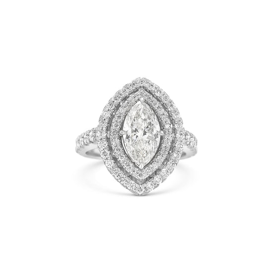 Marquise and round brilliant cut diamond ring with double halo setting, Double halo engagement ring featuring marquise and round brilliant diamonds, Elegant marquise and round diamond ring with sparkling double halo design, Double halo diamond ring showcasing marquise center stone and round accents, Luxury diamond ring with marquise cut center and round brilliant double halo.