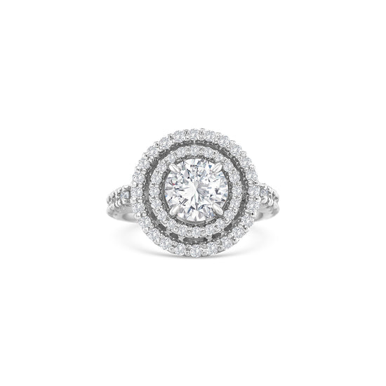 Round brilliant cut diamond ring with double halo setting, Elegant double halo ring featuring round brilliant diamond center, Luxury round diamond engagement ring with double halo design, White gold ring with round brilliant diamond and double halo, Sparkling round cut diamond ring with double halo of accent stones, Round brilliant engagement ring with intricate double halo, Classic round brilliant cut diamond ring in double halo setting