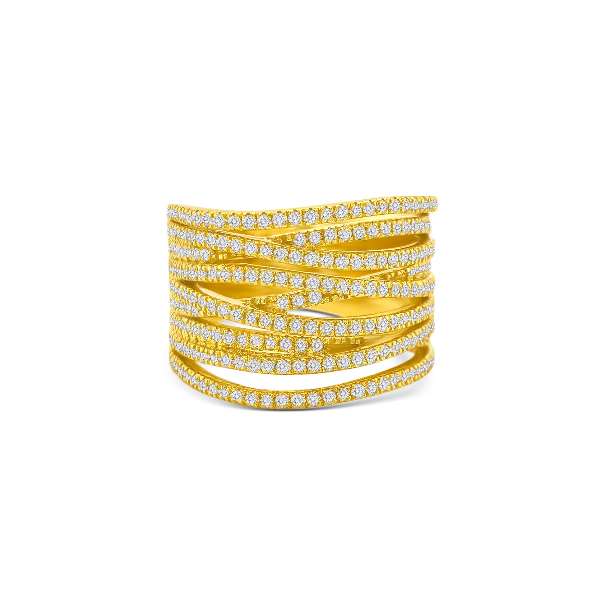 multi-band diamond ring, round brilliant diamond ring, yellow gold diamond ring, layered diamond ring, statement diamond dress ring, pavé diamond ring