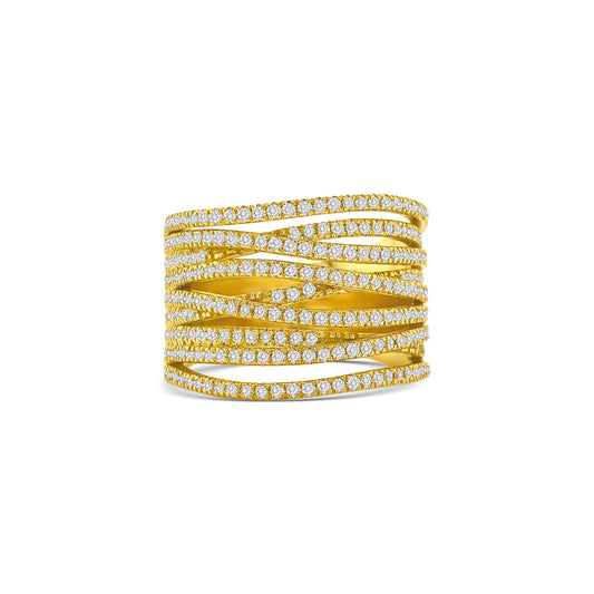 multi-band diamond ring, round brilliant diamond ring, yellow gold diamond ring, layered diamond ring, statement diamond dress ring, pavé diamond ring