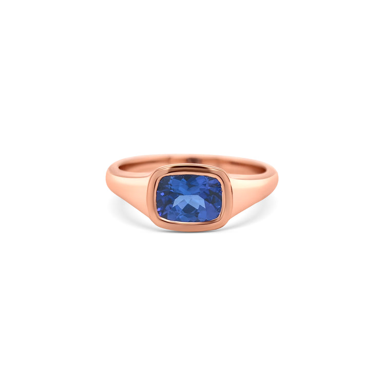 Tube set ring featuring a rectangular cushion-cut tanzanite gemstone in a sleek modern design