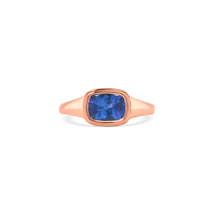 Tube set ring featuring a rectangular cushion-cut tanzanite gemstone in a sleek modern design