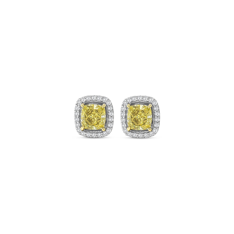 Fancy Yellow Cushion Diamond Halo Stud Earrings
