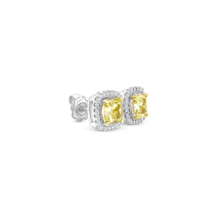 Fancy Yellow Cushion Diamond Halo Stud Earrings
