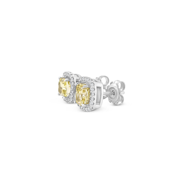 Fancy Yellow Cushion Diamond Halo Stud Earrings