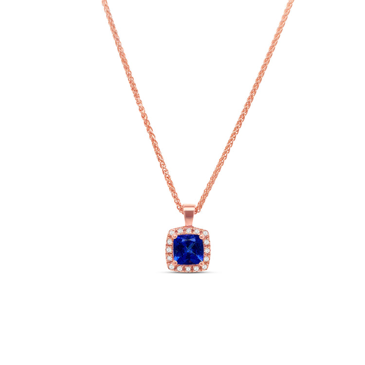 Cushion Cut Tanzanite & Diamond Halo Pendant
