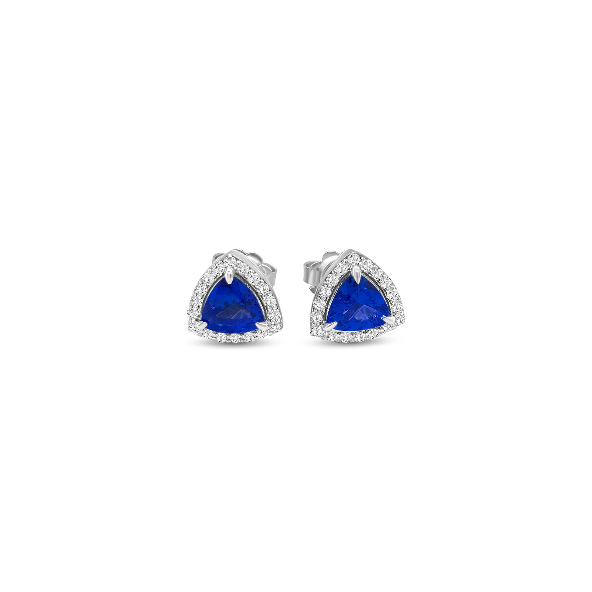 trillion cut tanzanite earrings, tanzanite halo stud earrings, diamond halo gemstone earrings, tanzanite stud earrings, elegant gemstone earrings, luxury tanzanite jewelry, trillion shape halo earrings, fine jewelry earrings, tanzanite and diamond studs, women’s gemstone jewelry