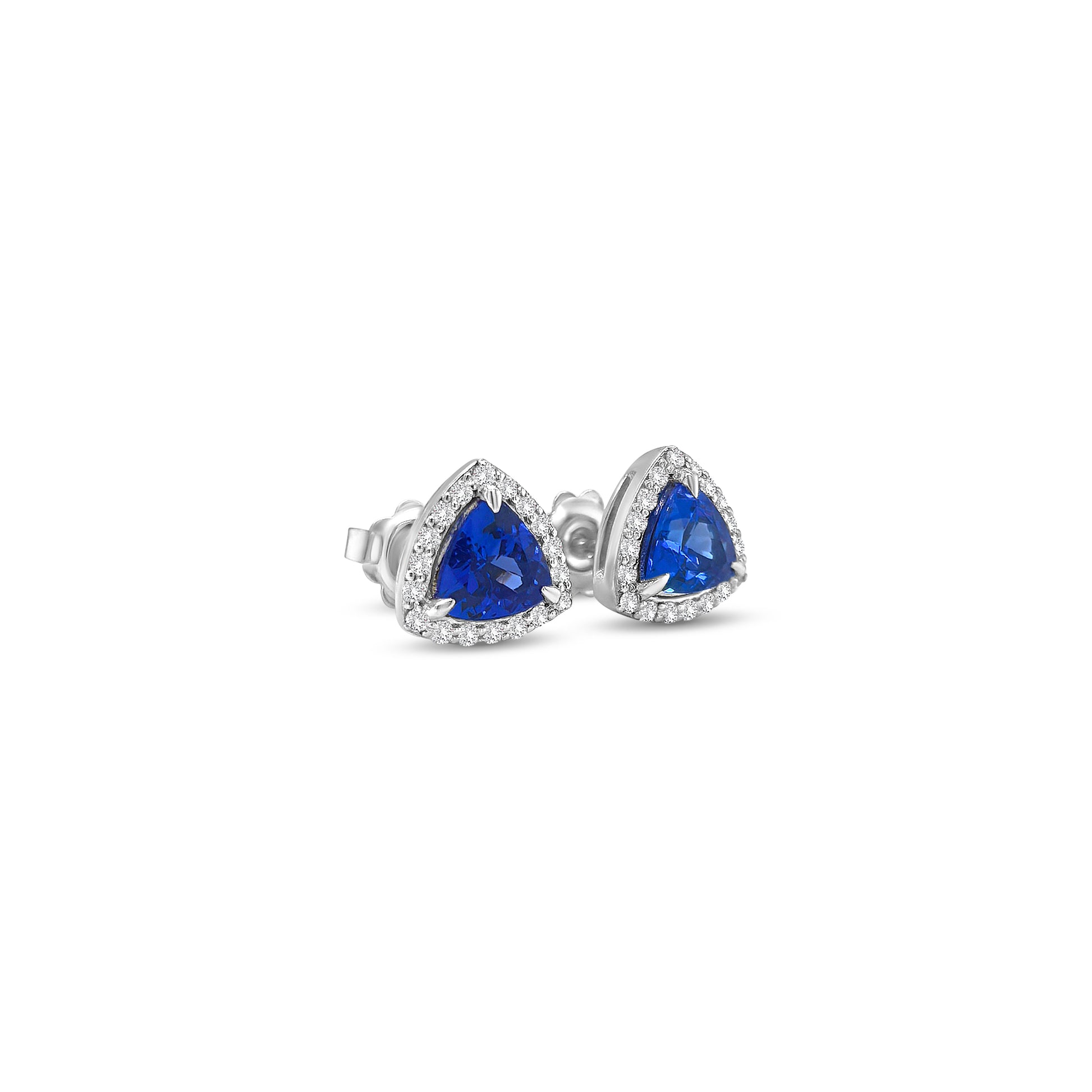 trillion cut tanzanite earrings, tanzanite halo stud earrings, diamond halo gemstone earrings, tanzanite stud earrings, elegant gemstone earrings, luxury tanzanite jewelry, trillion shape halo earrings, fine jewelry earrings, tanzanite and diamond studs, women’s gemstone jewelry