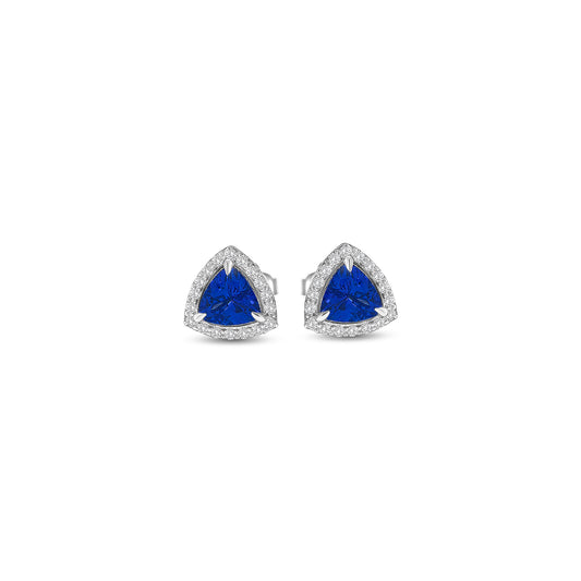 trillion cut tanzanite earrings, tanzanite halo stud earrings, diamond halo gemstone earrings, tanzanite stud earrings, elegant gemstone earrings, luxury tanzanite jewelry, trillion shape halo earrings, fine jewelry earrings, tanzanite and diamond studs, women’s gemstone jewelry