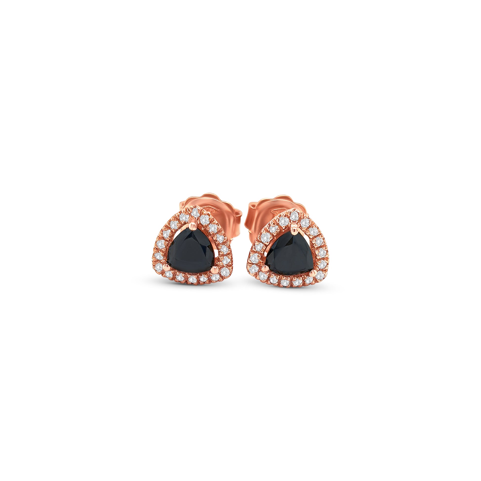 trillion black diamond earrings, black diamond halo studs, white diamond halo earrings, black and white diamond earrings, trillion cut diamond studs, black diamond stud earrings, black diamond jewelry, white diamond accent earrings, luxury black diamond earrings, geometric diamond earrings