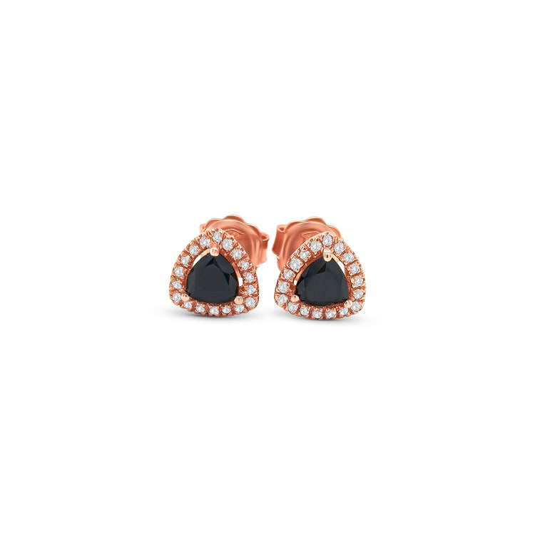 trillion black diamond earrings, black diamond halo studs, white diamond halo earrings, black and white diamond earrings, trillion cut diamond studs, black diamond stud earrings, black diamond jewelry, white diamond accent earrings, luxury black diamond earrings, geometric diamond earrings