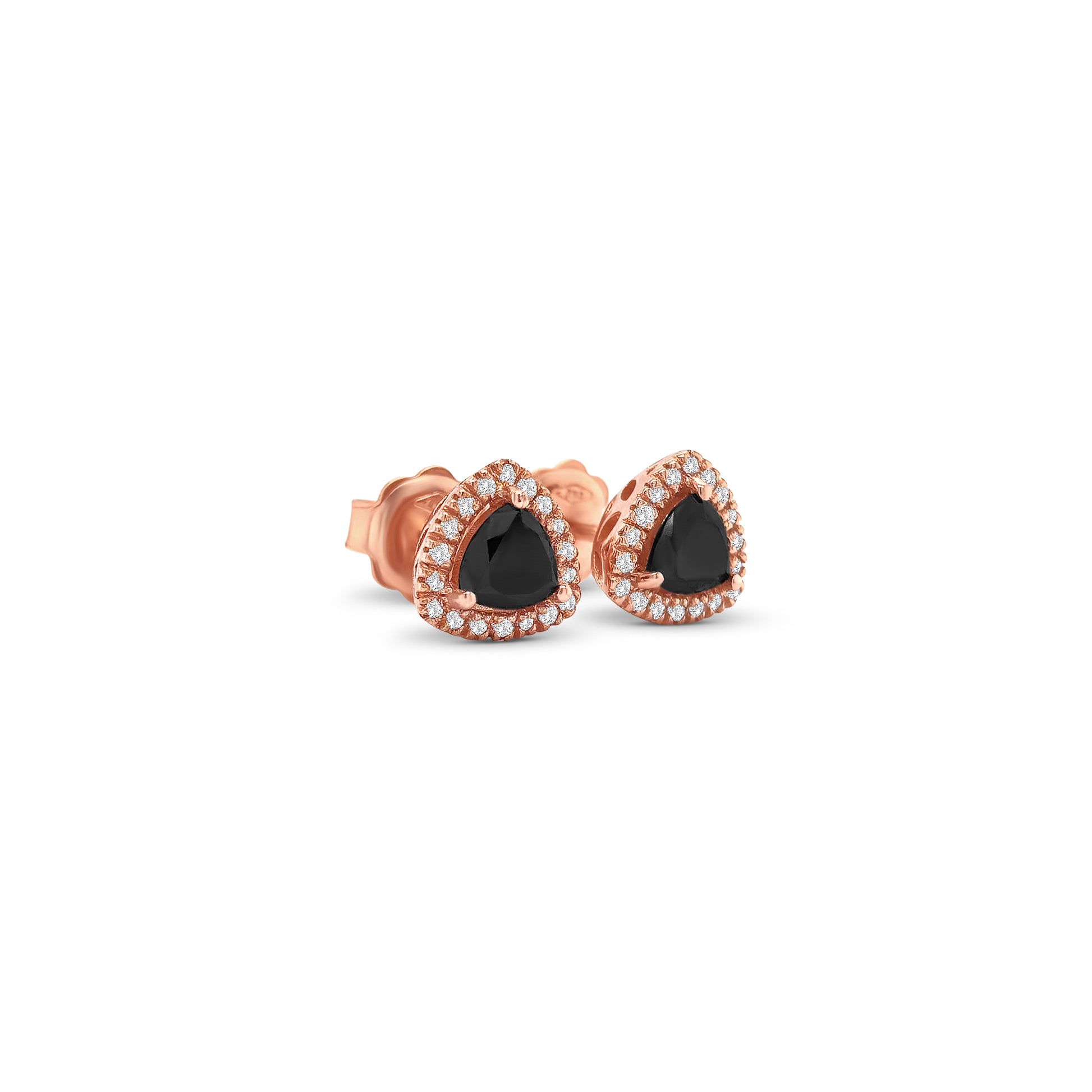 trillion black diamond earrings, black diamond halo studs, white diamond halo earrings, black and white diamond earrings, trillion cut diamond studs, black diamond stud earrings, black diamond jewelry, white diamond accent earrings, luxury black diamond earrings, geometric diamond earrings