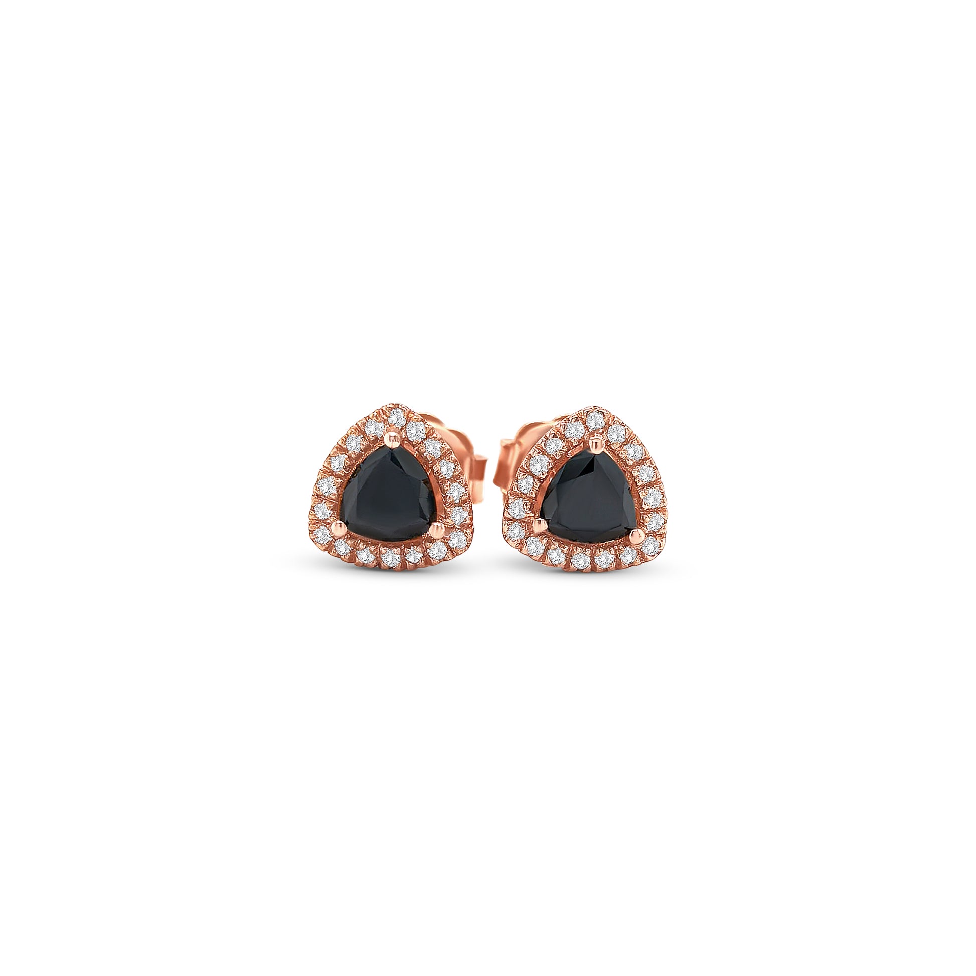 trillion black diamond earrings, black diamond halo studs, white diamond halo earrings, black and white diamond earrings, trillion cut diamond studs, black diamond stud earrings, black diamond jewelry, white diamond accent earrings, luxury black diamond earrings, geometric diamond earrings