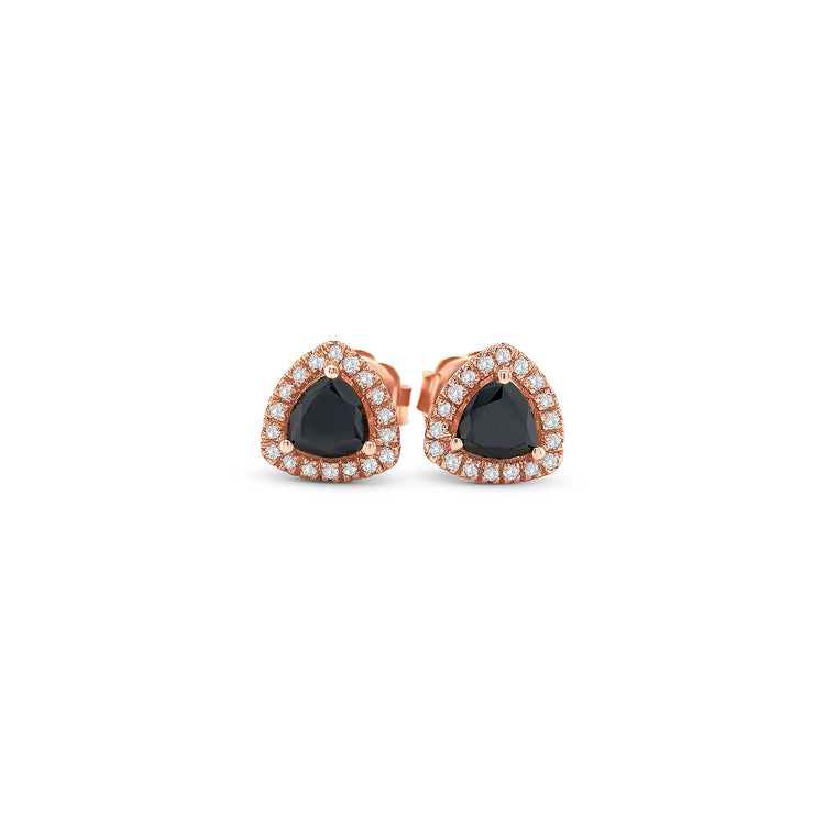 trillion black diamond earrings, black diamond halo studs, white diamond halo earrings, black and white diamond earrings, trillion cut diamond studs, black diamond stud earrings, black diamond jewelry, white diamond accent earrings, luxury black diamond earrings, geometric diamond earrings