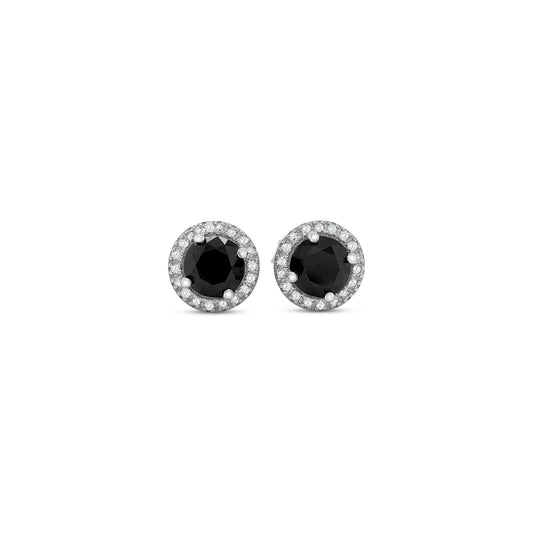 Round Cut Black Diamond & White Diamond Halo Stud Earrings, Black and White Diamond Halo Stud Earrings, Round Black Diamond Studs with Halo, Luxury Black Diamond Earrings, Fine Jewelry Black and White Diamond Earrings, Elegant Black Diamond Halo Studs, Round Cut Black Diamond Earrings, Black Diamond and White Diamond Studs
