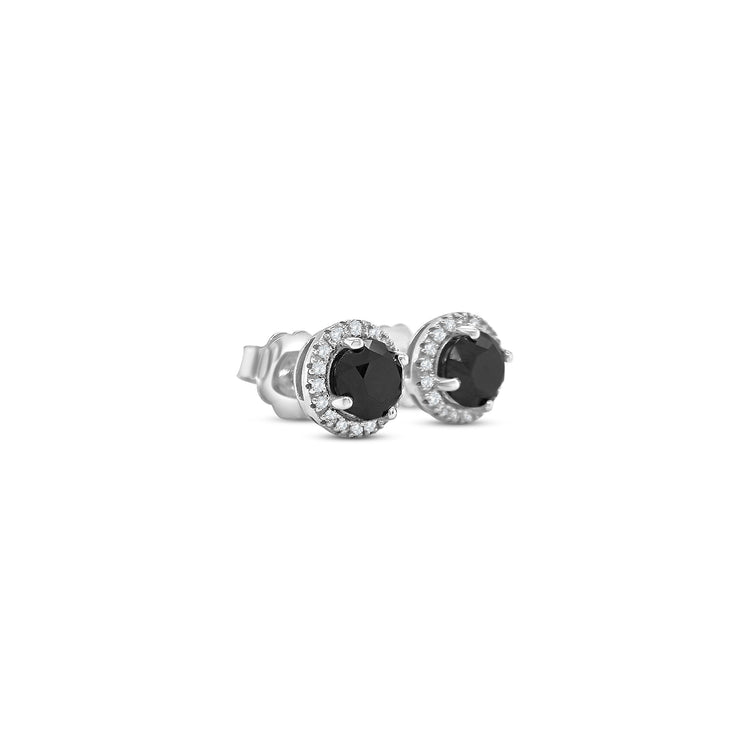 Round Cut Black Diamond & White Diamond Halo Stud Earrings, Black and White Diamond Halo Stud Earrings, Round Black Diamond Studs with Halo, Luxury Black Diamond Earrings, Fine Jewelry Black and White Diamond Earrings, Elegant Black Diamond Halo Studs, Round Cut Black Diamond Earrings, Black Diamond and White Diamond Studs