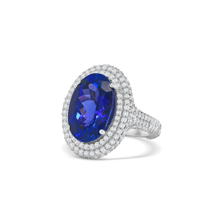 Oval Tanzanite & Double Halo Diamond Ring