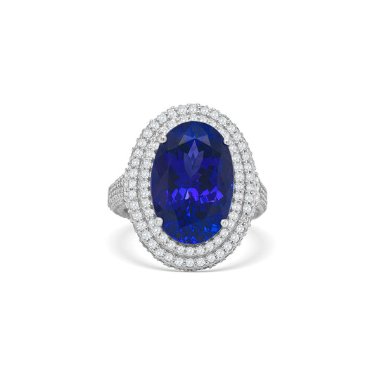Oval Tanzanite & Double Halo Diamond Ring