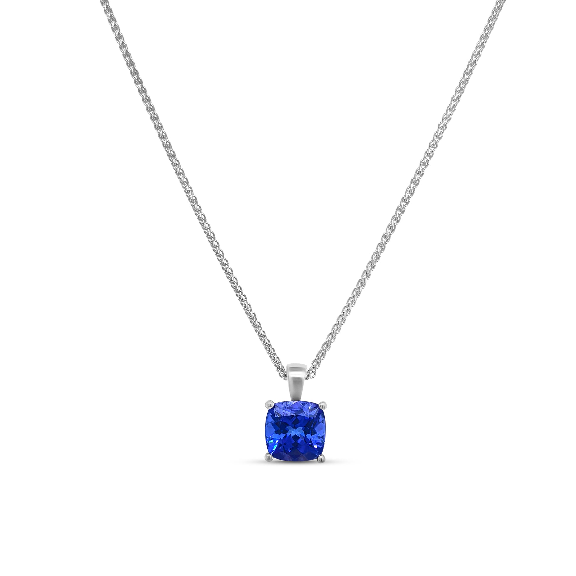 cushion cut tanzanite pendant, blue gemstone necklace, white gold pendant necklace, tanzanite solitaire necklace, elegant gemstone pendant, cushion cut sapphire necklace, minimalist necklace with blue stone, tanzanite jewelry, white gold gemstone chain, cushion cut blue stone necklace
