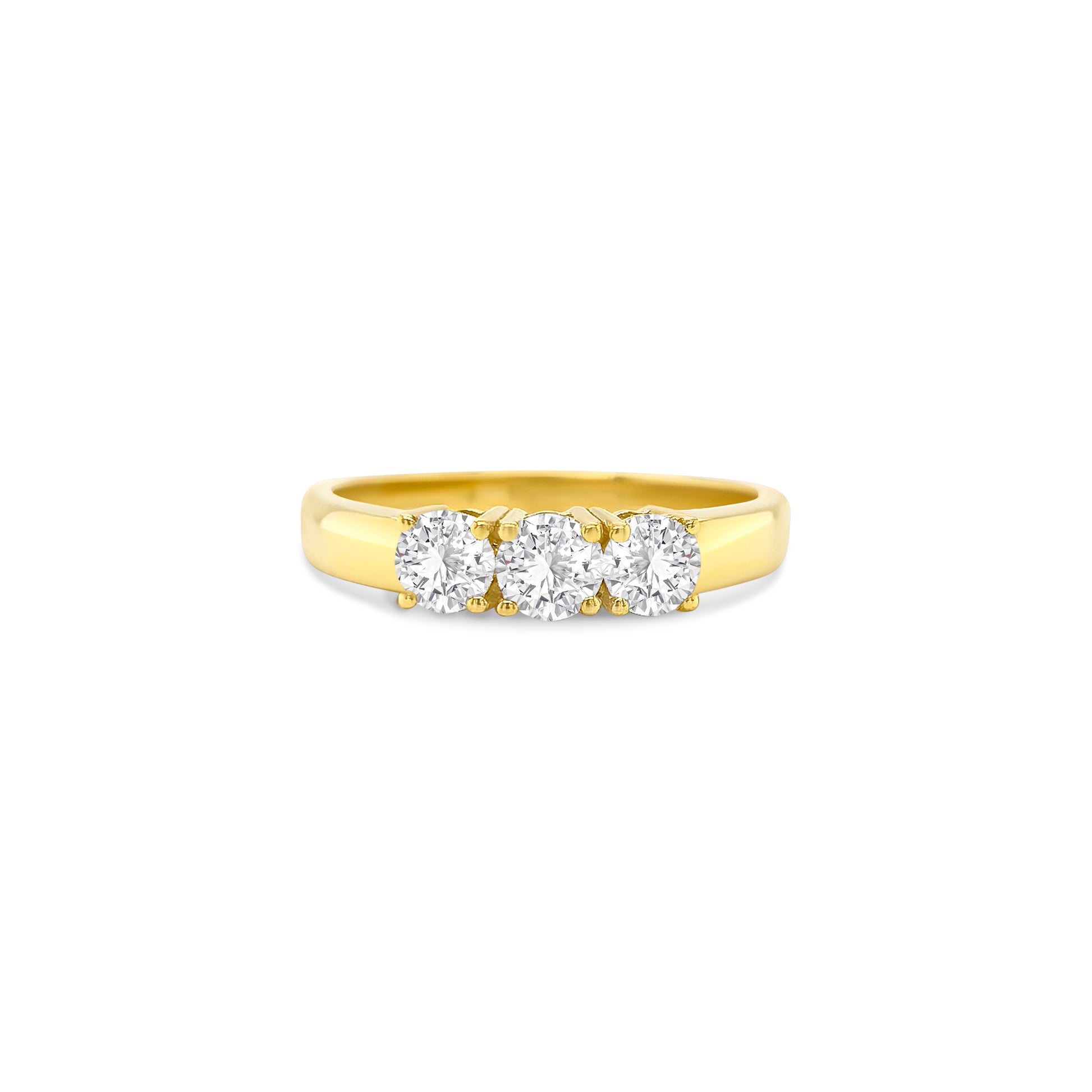 round brilliant diamond ring, trilogy diamond ring, yellow gold diamond ring, three stone diamond ring, yellow gold trilogy ring, round cut diamond ring, engagement trilogy ring, yellow gold engagement ring, classic diamond trilogy ring, bridal trilogy ring yellow gold