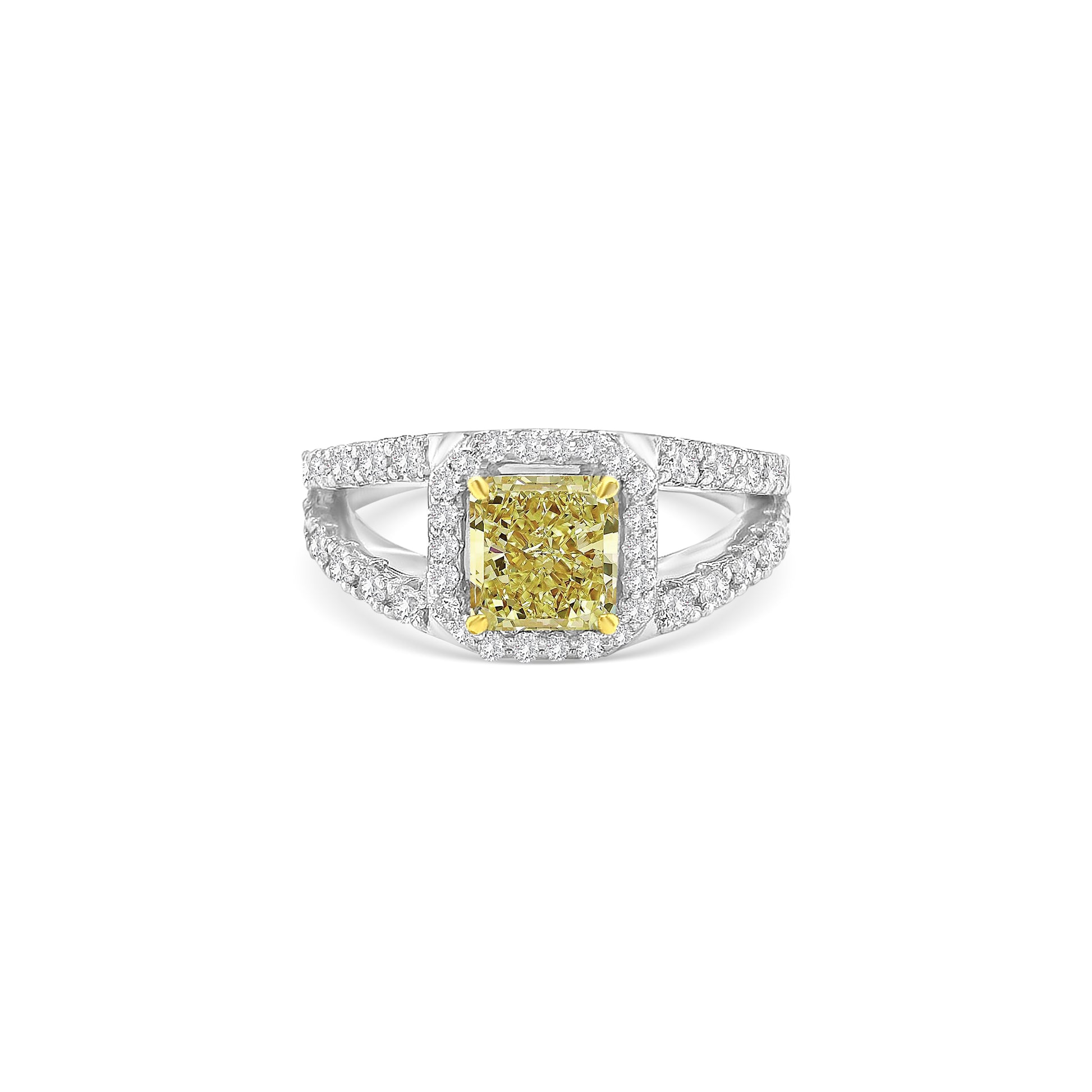 fancy yellow diamond ring, radiant cut yellow diamond, yellow diamond split shank ring, yellow halo engagement ring, luxury coloured diamond ring