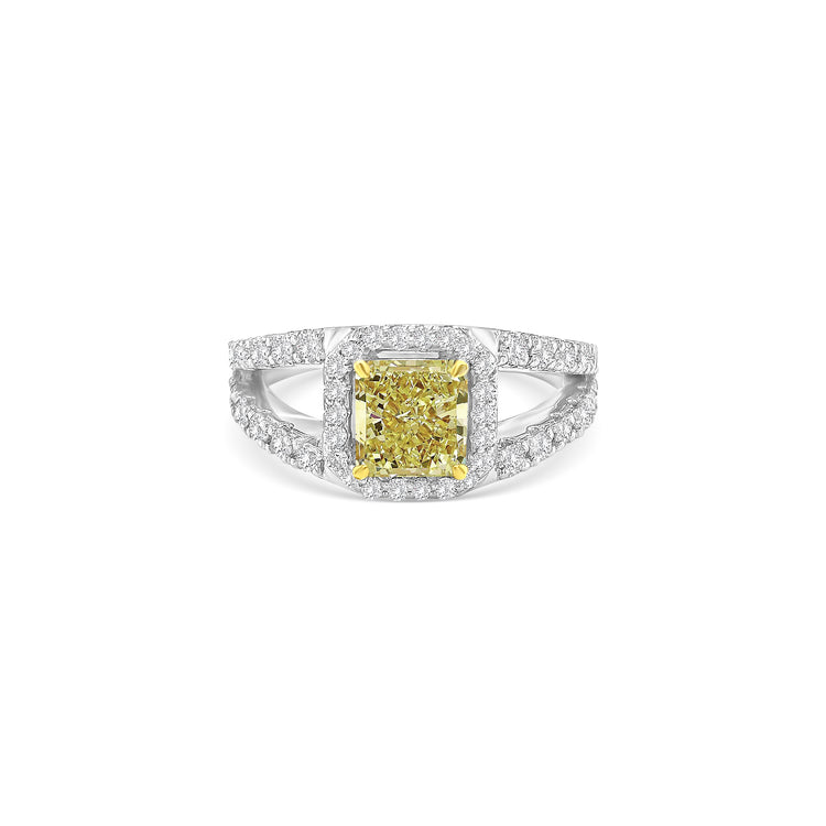 fancy yellow diamond ring, radiant cut yellow diamond, yellow diamond split shank ring, yellow halo engagement ring, luxury coloured diamond ring