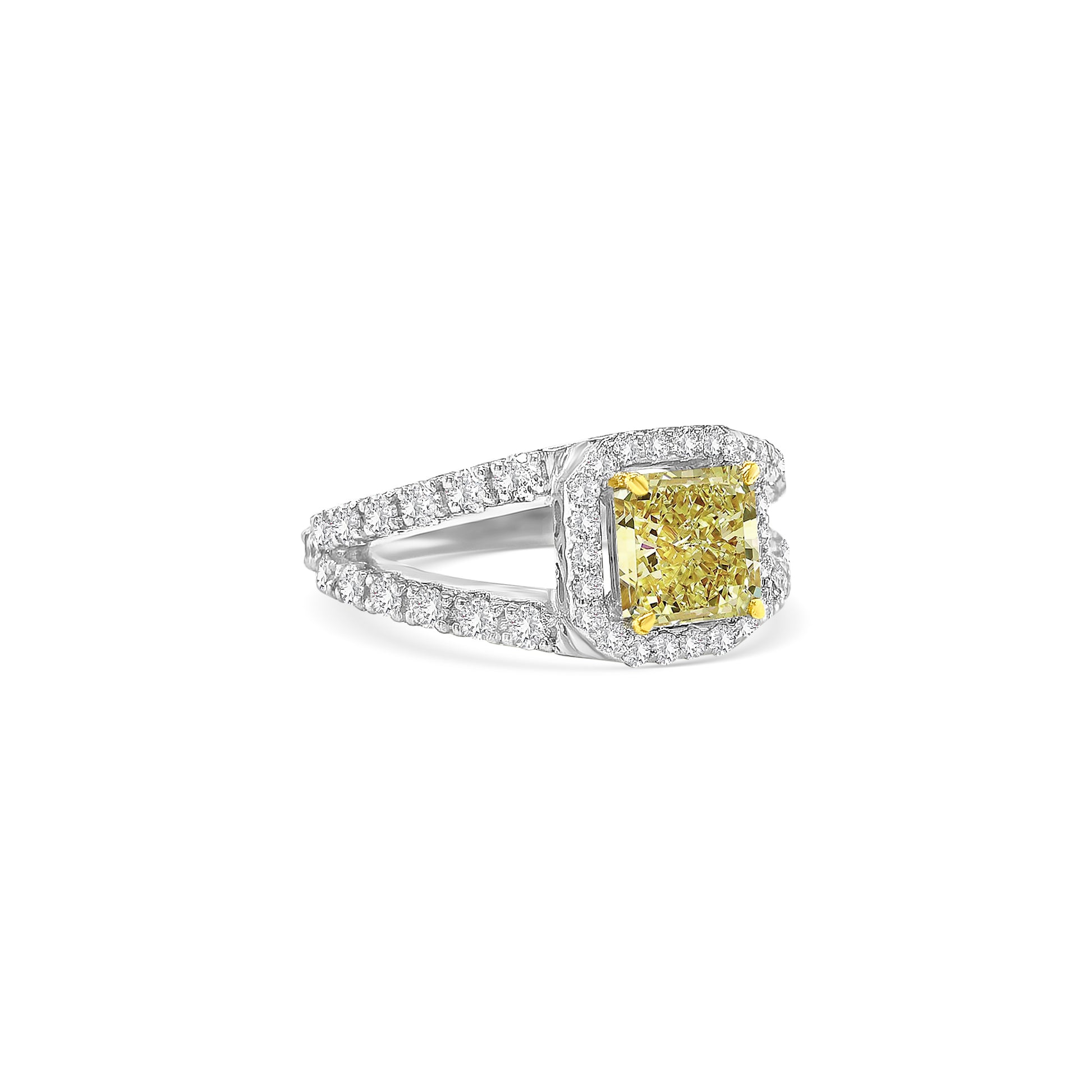 fancy yellow diamond ring, radiant cut yellow diamond, yellow diamond split shank ring, yellow halo engagement ring, luxury coloured diamond ring
