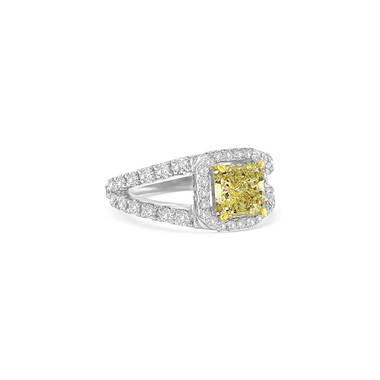 fancy yellow diamond ring, radiant cut yellow diamond, yellow diamond split shank ring, yellow halo engagement ring, luxury coloured diamond ring