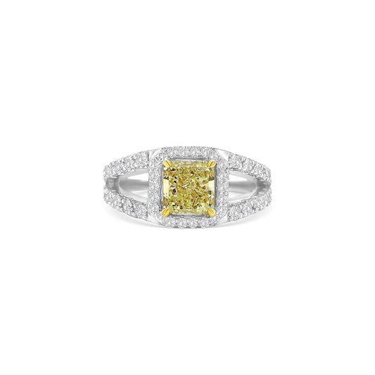 fancy yellow diamond ring, radiant cut yellow diamond, yellow diamond split shank ring, yellow halo engagement ring, luxury coloured diamond ring