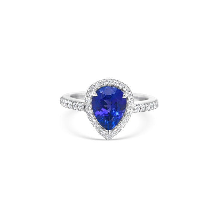Pear Shape Tanzanite & Diamond Halo Ring