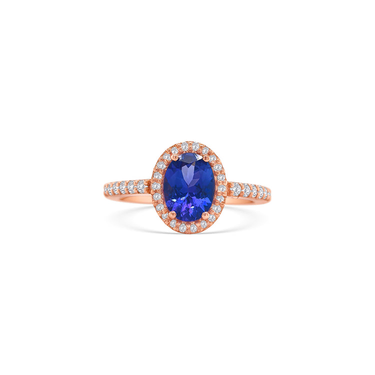 Oval Tanzanite and Halo Diamond Ring