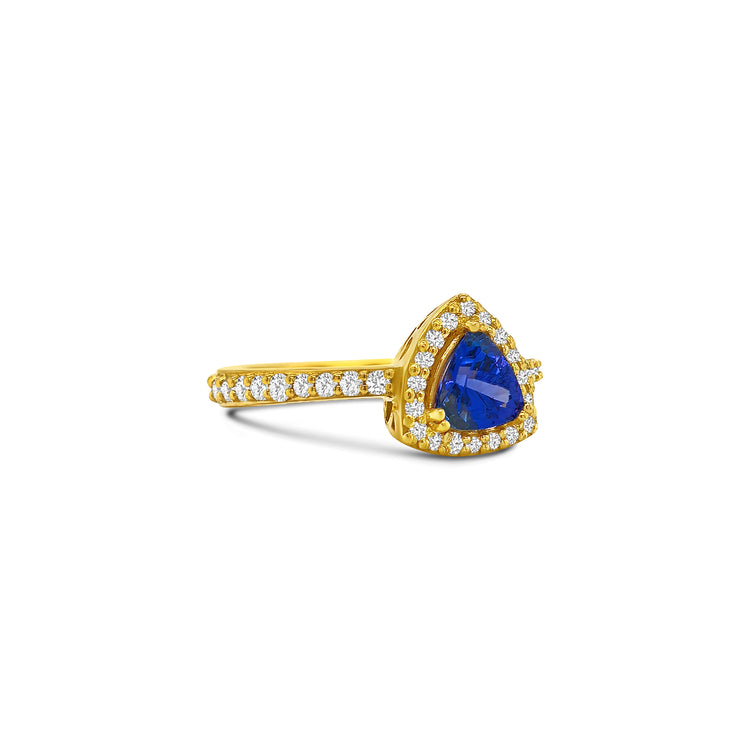 Trillion Tanzanite and Halo Diamond Ring