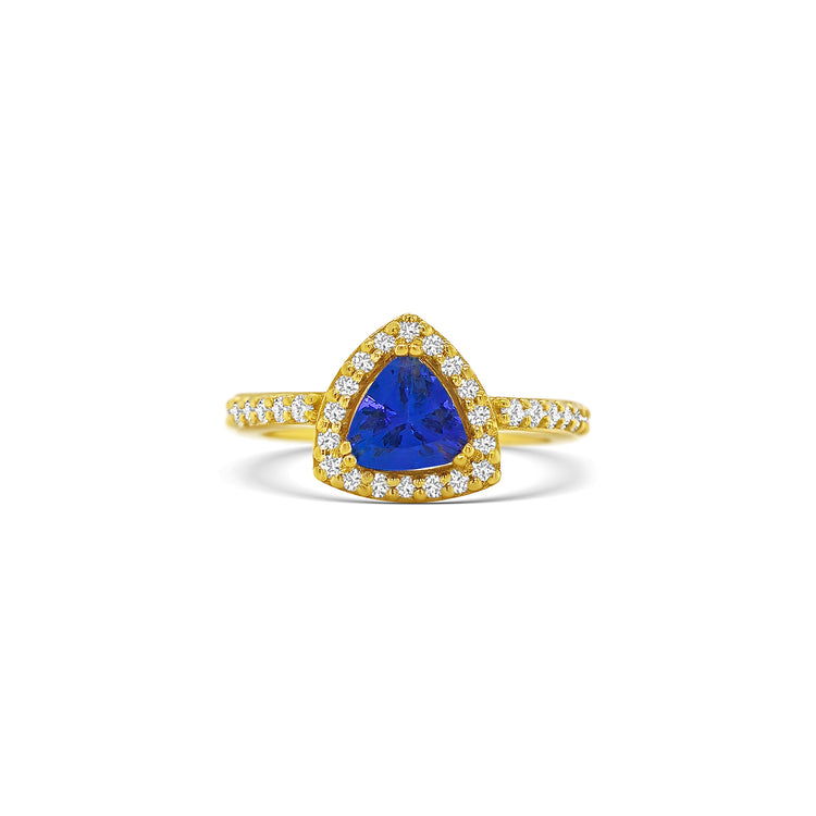 Trillion Tanzanite and Halo Diamond Ring