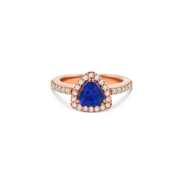 Trillion Tanzanite and Halo Diamond Ring