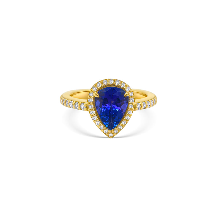 Pear Shape Tanzanite & Diamond Halo Ring